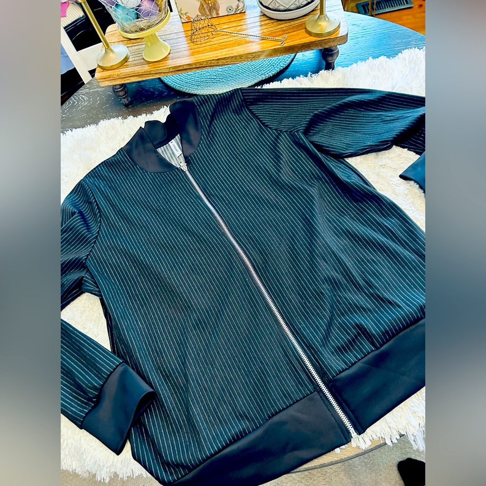 Large Piphany black & white pinstriped Bomber jacket.  Like new!